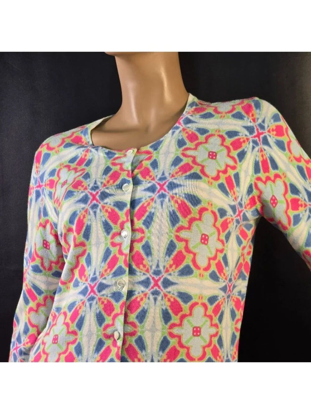 J. McLaughlin Cardigan Sweater Multi Mosaic Print Button-Up Sz M